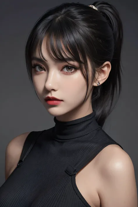 (ultra realistic,32k, masterpiece:1.2),(high detailed skin:1.1),( 8k uhd, dslr, high quality:1.1),
 1girl, black hair, bangs andy ponytail, pantyhose, Ribbed Skirt, ribbed crop top, , (red lips:0.8), (mascara:1.1),huge breast,
(looking at viewer, portrait:...