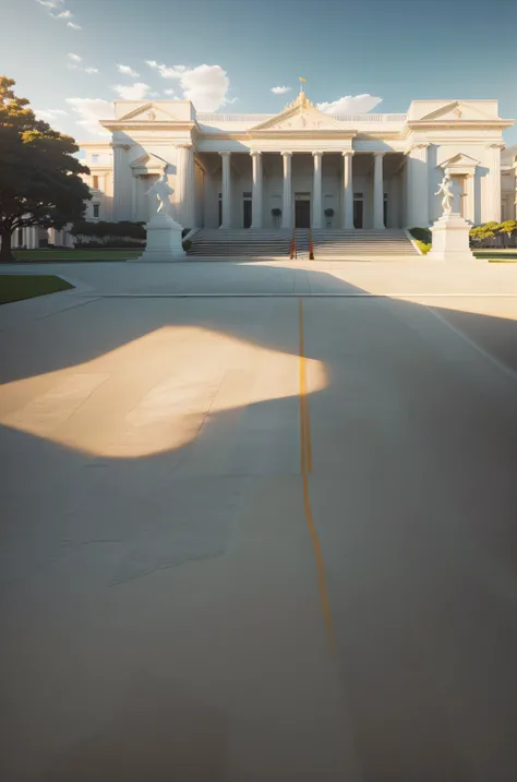 arafed white building with columns and a Red carpet for walking up the stairs, neoclassical architecture, neo classical architecture, white building, jakarta, jokowi, neo - classical style, royal palace, wonderful masterpiece, museum background, indonesia,...