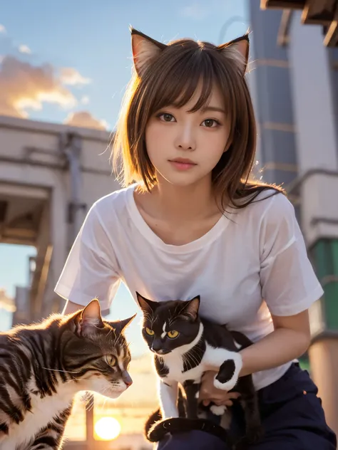 4K.HD. (Masterpiece, Best Quality, ) ,bokeh, a girl, Light brown beautiful hair, Light brown eyes, Plump breast, Blushed face, (cat ear:1.2), colourful t-shirt,  (Japanese idle:1.6), holding a pretty cat,   Looking at the viewer, (background is sunset wall...