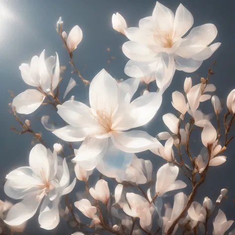 Branch of delicate white-pink magnolia flowers, Ultra-transparent, holy Light, beautiful spectral Light, Petals Shine, Blink, Dark Background, drops of transparent Light, reflective Light, bright, Light streaming in, Optics, Sharp focus, Magic, complicated...