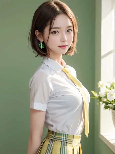 Violet, Gardenias, Rosacea, (masterpiece of the highest quality:1.4), Delicate girl, 、Red star shaped earrings、Beautiful short straight hair, close, uniform, White shirt, Short sleeve,  dark grey pleated check skirt, 8k, 50mm Portrait, RAW Photos, Absurd, ...