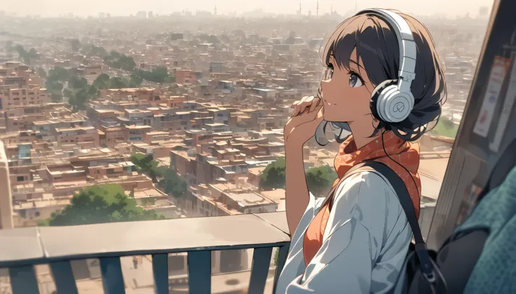 Indian woman looking at the city of Delhi,Streetscape、Listening to music with headphones
