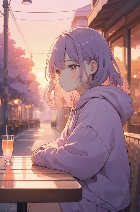 masterpiece, best quality, ultra-detailed, lofi-style illustration with soft purple, pink, and orange hues. a peaceful scene of ...