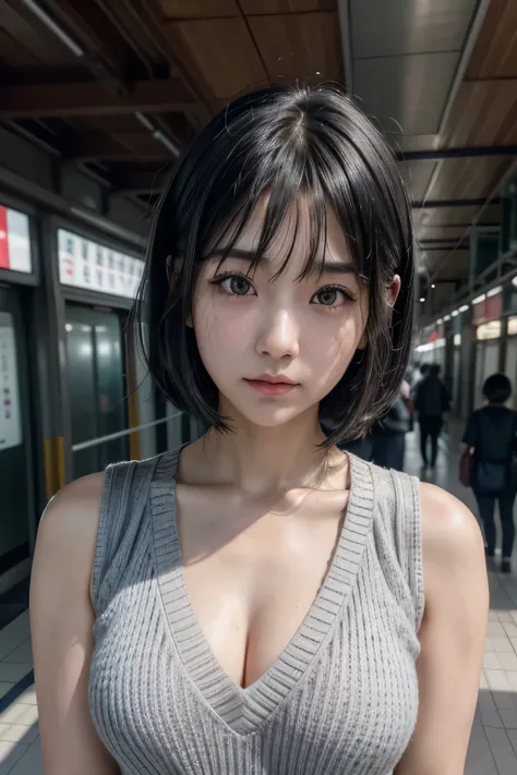  1 girl,  High Resolution , Best Quality,  textured skin,  real as pictured inside a Japanese train station,Black Hair, bangs, Bob Hair, chest, 37 years old,woman,clear,Japanese,High neck knit, sleeveless,Grey knit,Tight silhouette,Emphasize chest,Transpar...