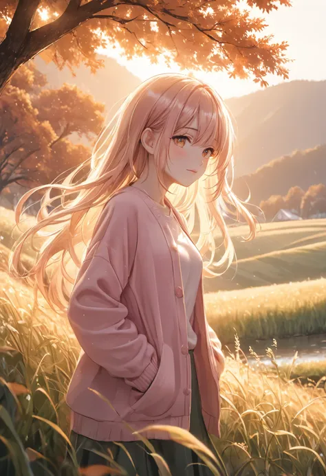 masterpiece, best quality, ultra-detailed, Low Fidelity (lofi) art style, pastel pink and purple tones with a hint of golden orange in the distance. A young girl walks down a quiet path between rice fields, her hands in her pastel pink sweater pockets. The...