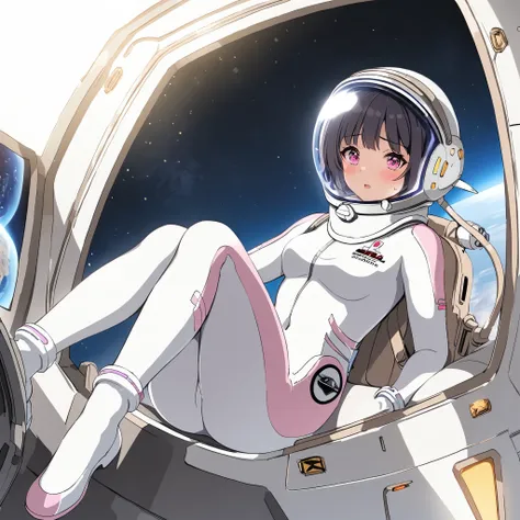 1人of女of子,Alone,short hair,(Space Suit:1.15), Black Hair Space Helmet ,whole body, indoor, masterpiece of the highest quality, trembling, difficulty breathing, bodysuit,Lumine , Bubble Helmets , short hair, backpack,gloves,blush,internal (cockpit) of (Fu...