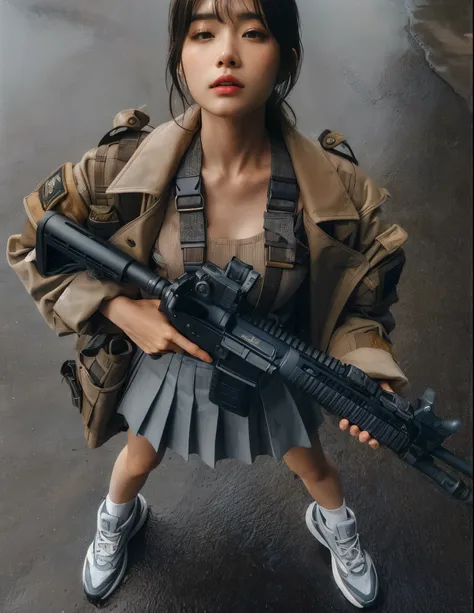 8k,  photorealistic 、Realistic skin texture、Pore expression、 beautiful Japanese woman wearing a G jacket、Military coat、Mouth closed、Bird&#39;s-eye view、 holding the SIG XM7 assault rifle in a lower position、20 years old、brave and brave 、stylish、8k、Film Pho...