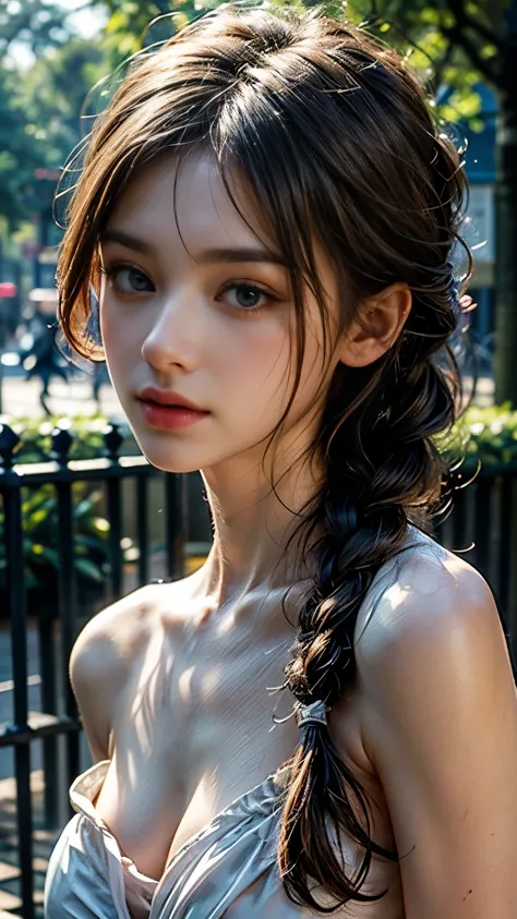 (Masterpiece:1.2), (Photorealistic:1.3), (Closeup:1.4), Ultra realistic eyes, Gaze, Naked girls upper body, Colorful dress, (Soft bust, Lifted bust, Slim body, Innocent look, Cute face, Braided hair, London park, England, Closed closed mouth), photon mappi...