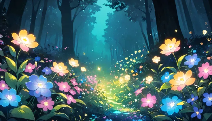 Glowing Forest Dark Night Sparkling Lofi anime style , floral , landscape , natural , Glowing Flower, colorful