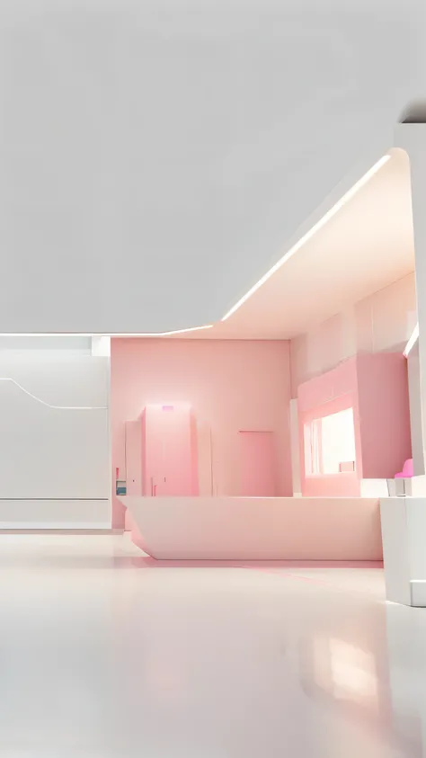 there is a white and pink room with a white counter, brightly lit pink room, pink scheme, clean 3 d render, rendered lighting, kawaii hq render, kano), clean digital render, booth. pm, soft 3d render, soft lighting colors scheme, detail render, oled lights...