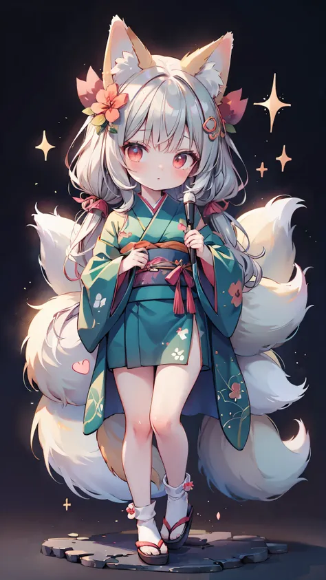 anime、Fox Girl、Gray Hair、Fox ears with black tips、 Foxs Fluffy Tail 、Slanted Eyes、 Red Eyes、 long hair、Hair accessories、 Emerald Green Kimono、(Theres a baby fox on my head)