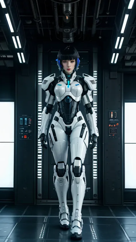 (HD quality, 8K), (Clear, high-quality rendering), (Weapons of the future). Anthropomorphic character - Cyborg, Ghost in the Shell. Dark Mechanoid, cybernetic robot machine. (Urban interior)., Cyborg, android, metal, plastic, wires, technological equipment...