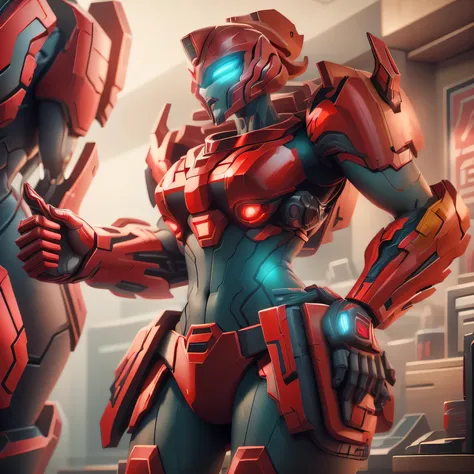 one transformer, red female transformer,  medic type