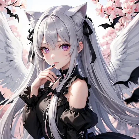 (masterpiece), Best Quality,  super high definition, cat ears with black ribbon、silver and grey hair 、 pink eyes 、whole body、(Angel Wings:1.3)、natural、Bats、cute、Gamer&#39;s Room、Blood Festival 、( making hearts with hands:1.3)、Earrings、A big smile