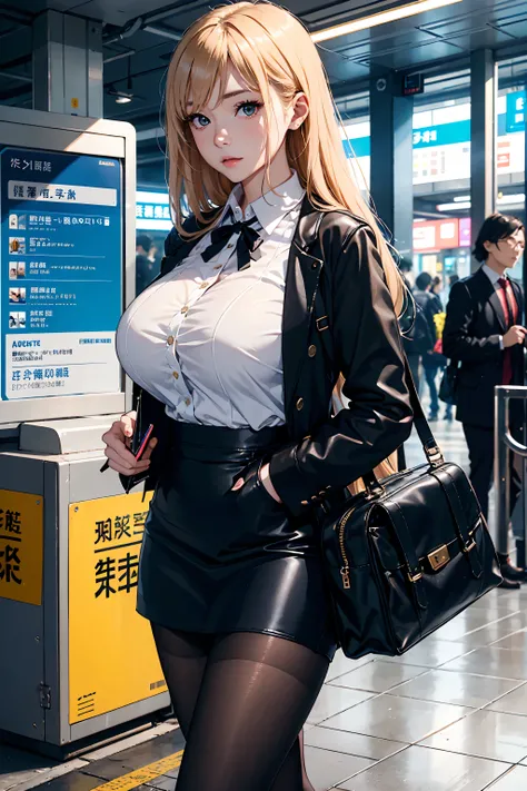 (masterpiece:1.2, Best Quality), (Realistic photos),  beautiful illustrations, (Natural side lighting, Cinema lighting),(1 girl), Japanese, 20-year-old female,  perfect face, Symmetrical cute face,  (Huge breasts:1.2),
 commuters come and go around 、 A wom...