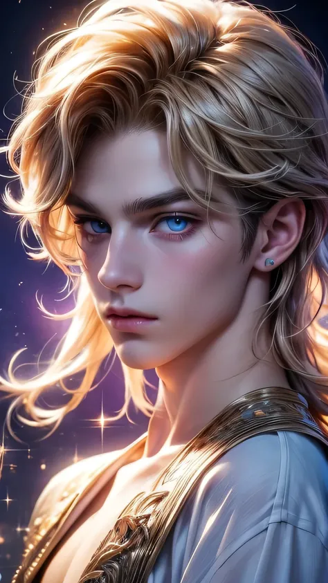 The magical look of a boy with wavy blond hair with purple shade hair, sharp blue eyes , sparkling eyes ! just sparkles from the eyes - such a piercing look !! White skin, Cute boy, boy with a beautiful face. Mysterious magic surrounds him !, flowers butte...