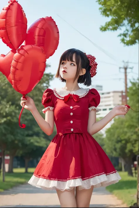 a  girls, ((she is blowing red balloons)) , real photo, (((full body))), (looking down at me),  bob hair, big ribbon on he hair, (lolita dress), 