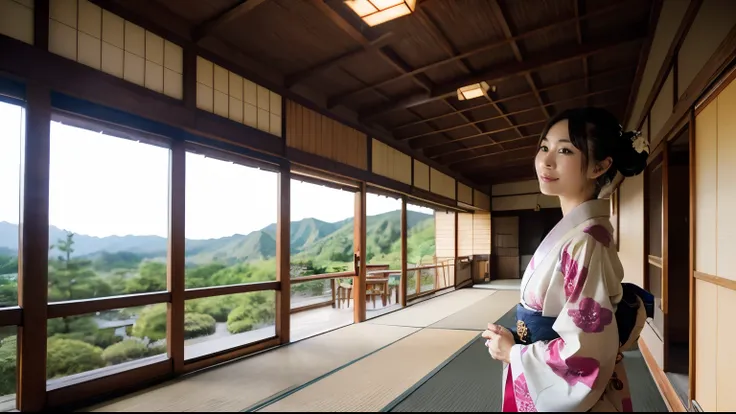 Woman in Kimono、Old Japanese landscape