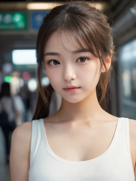 ((8k、sharp、masterpiece、Best Quality、 real as pictured inside a Japanese train station、 perfect face、Small Face、 very beautiful face 、 very cute、 white skinで可愛い、 white skin)、 Age 19、 ponytail、 tank top that is too big compared to the body，There&#39;s a gap ...