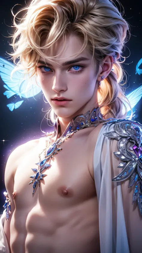 The magical look of a boy with wavy blond hair with purple shade hair, sharp blue eyes , sparkling eyes ! just sparkles from the eyes - such a piercing look !! White skin, Cute boy, boy with a beautiful face. Mysterious magic surrounds him !, flowers butte...