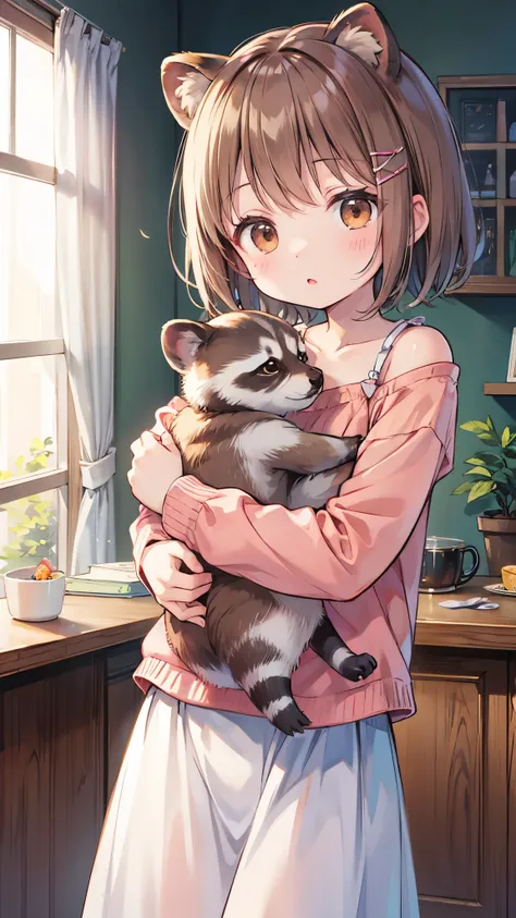 anime、Ephemeral Artwork 、Light line drawing、Pale colors、Raccoon Girl、Brown Hair、 short hair、Hair accessories、Raccoon Ears、Raccoon Tail、Brown eyes、Boyish and casual attire、Embrace a baby cubs 