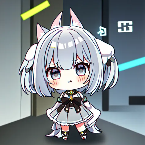 One Girl,Dog Ears,(Chibi:1.2),get angry,Silver Hair,Grey Eyes,Full Body Espian