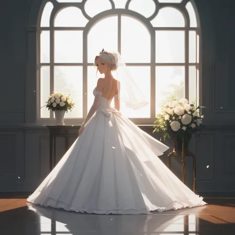 A (cinematic) full body shot of a 24 year old woman in a wedding dress, under the catheral alone, bright sunlight from the window