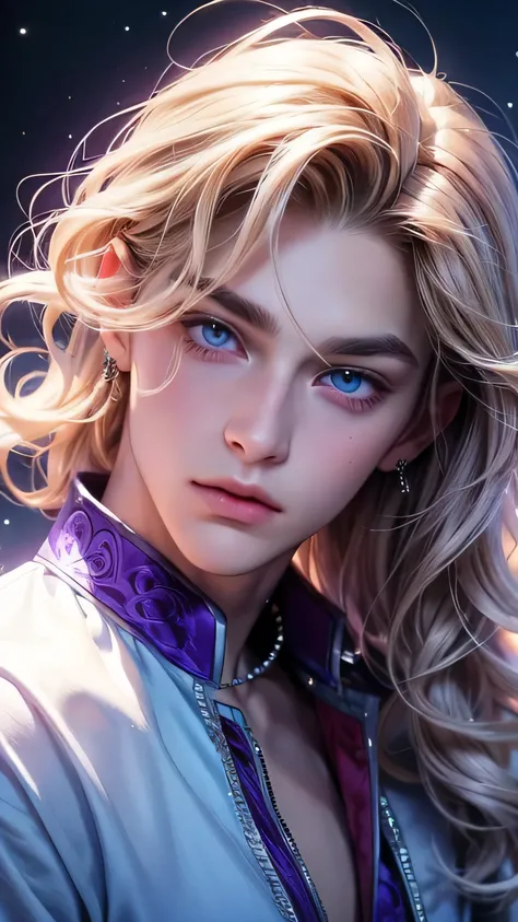 The magical look of a boy with wavy blond hair with purple shade hair, sharp blue eyes , sparkling eyes ! just sparkles from the eyes - such a piercing look !! White skin, Cute boy, boy with a beautiful face. Mysterious magic surrounds him !, flowers butte...