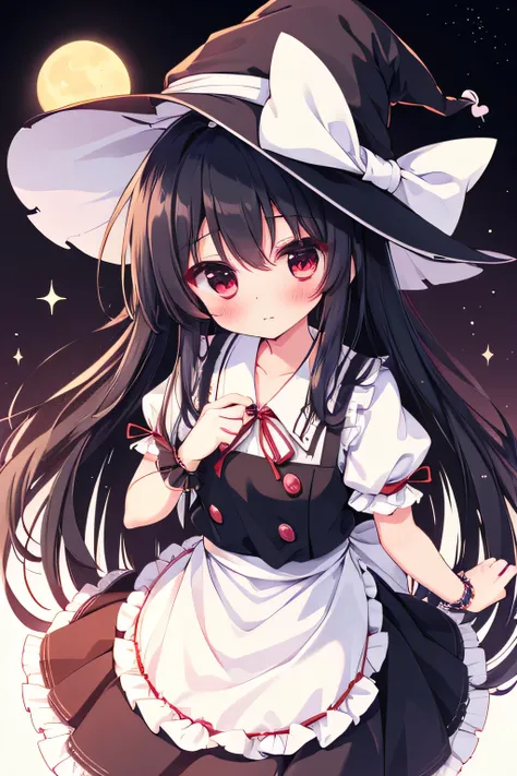 Kirisame＿marisa_touhou best quality, night,null,moon, 1 girl, Alone, Black Hair, Long Hair,  braid, Witch Hat,bow,Wrist cuff,Short sleeve, apron,white background