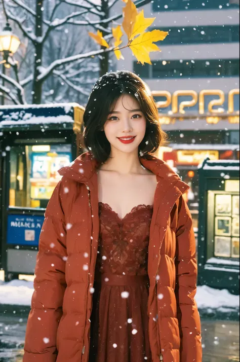 (((best quality))),(((ultra detailed))),(((masterpiece))),illustration,1 girl,smile,red lips,snowing