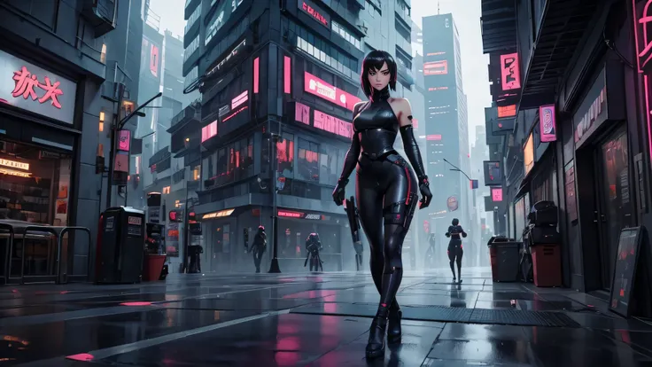 magnifique, une fille, regard magnifique, sexy, ninja, tenue ninja moulante, full body, en haut dun immeuble, debout au bord du vide, dans une ville cyberpunk, esthétique, Pinterest,