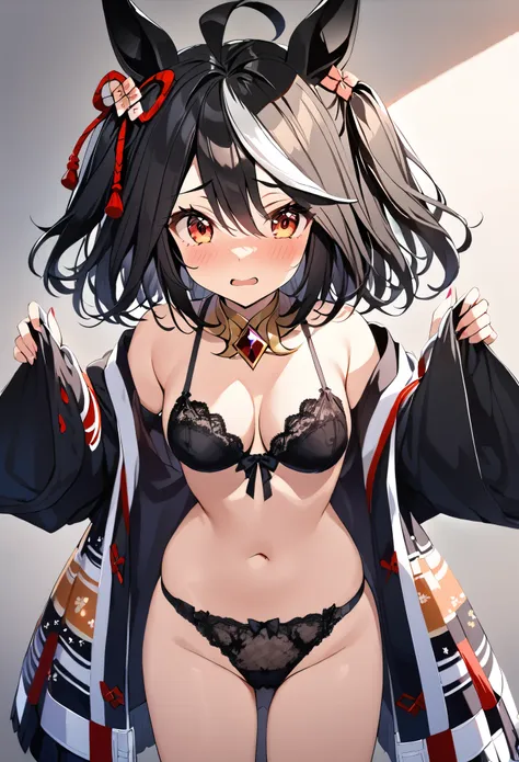 ((1 girl)), kitasan black \(umamusume\), embarrased, confused, holding her undressed black lace panties, revealing black lace pa...