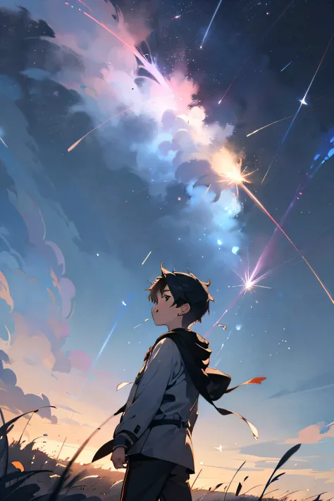 A boy watching a shooting star in a clear field