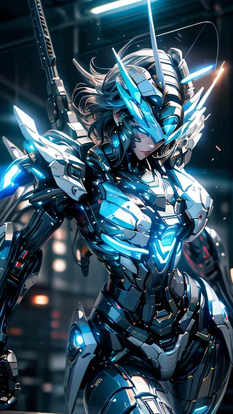 short wavy hair, beautiful woman, pro lighting, Sharp focus, cinematic, (Realistic face details), complicated details, very high details, Realistic photos, 8k, super details, UHD, dynamic camera angle, sexy pose, hips up, cybernetic, blue neon details, blu...