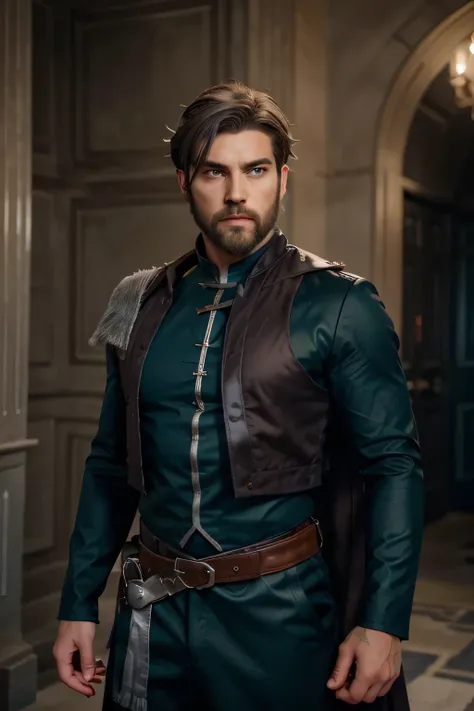 1man, derpixon, fandeltales, parted bangs, short gray hair, silver colored tips two-tone hair, multicolored dark brown hair, solo, thick eyebrow, masculine handsome prince, beard, green eyes, black pupils, lens eye, red cape, dark-blue military uniform, st...