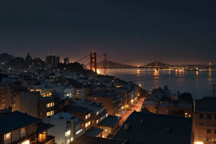 Aerial view of San Francisco in the 60s ,  with a filter that highlights gray and blue tones to create a gloomy atmosphere.  The iconic Golden Gate Bridge appears shrouded in fog ,  with city lights twinkling in the distance . The atmosphere is disturbing,...