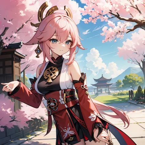 Genshin Impact Style，Yae Miko，Under a huge cherry blossom tree