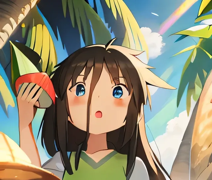 Long-haired girl dressed as a farmer with a coconut tree in the background and bright sun, black hair and blue eyes 