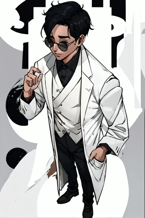 man, young, scientist, nerd, white jacket, round glasses, messy black hair, full body