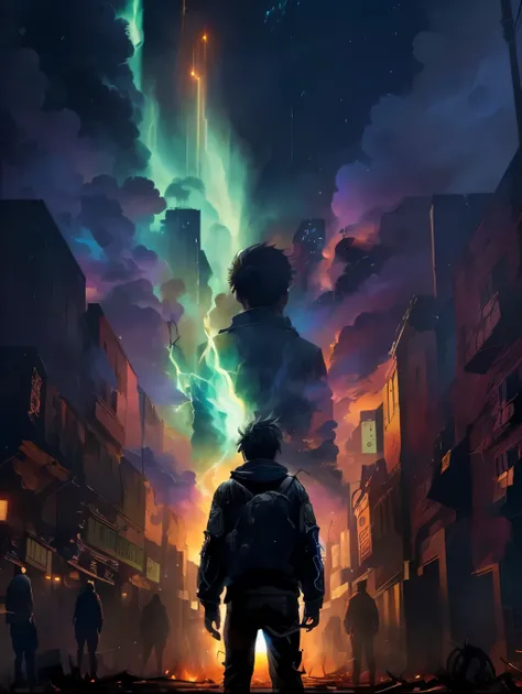 Under the apocalypse ，The burning flames in the sky swim like auroras， a boy with his back against a twisted zombie ， left behind ， found countless hands in the buildings lining the street ， with light in his hand , in the style Mumford artwork,  stylized ...