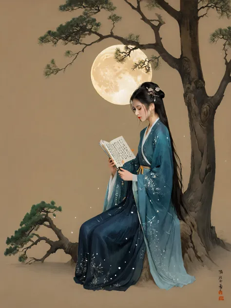 Dunhuang art style, Extremely long-distance lens, A beautiful girl, Perfect face, Pretty Face, Wearing traditional silk dress, Standing oncient soft scroll with golden ancient texts, Zen style, Bright Star, Light and Shadow, Ancient White, epic, Extremely ...