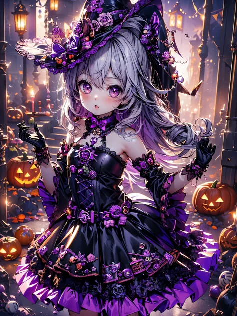 (( super high image quality )), ((Super detailed)), ((Best Quality)), Girl, Halloween, witch, magic hat, lanthanum, Trick or Treat , 🎃, ((sweets, candy, cookie)), (((Complete Hand))), Amazing digital painting, (anime moe art style:1.3),