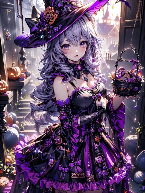 (( super high image quality )), ((Super detailed)), ((Best Quality)), Young woman, Halloween, witch, witchs hat, lanthanum, Trick or Treat, 🎃, ((sweets, candy, cookie)), (((Complete Hand))), Amazing digital painting, (anime moe art style:1.3),