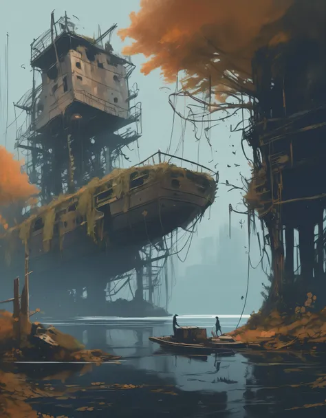 sketch, a hauntingly beautiful dystopian boatyard, overgrown with vines and moss, where a group of deer roam freely among the ru...