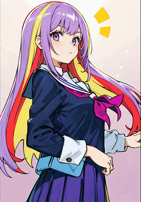 girl in school uniform, pink purple hair with yellow streaks.