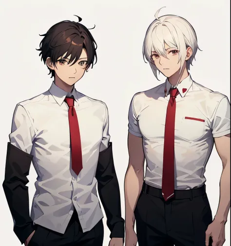 Scene of a 2 Anime boy standing together wearing white shirt red tie, black pants, talking each other 