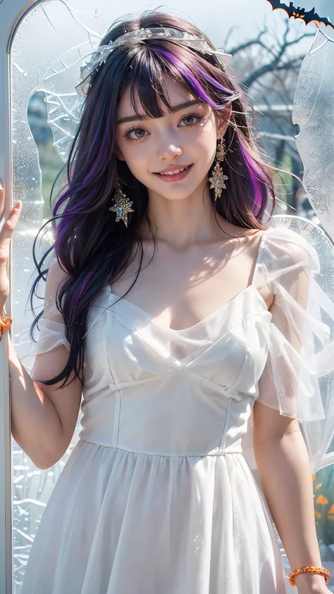   super high definition， High Resolution Details ，Realistic,(( portrait through frosted glass:1.4)),((Halloween,Angel, white dress,Angel:1.4))22 years old, 1 girl,((  is smiling showing her teeth ))、(( FACE FOCUS :1.4)),(( accessories:1.4)),8k,thinウエスト,thi...