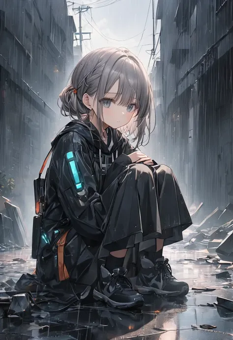 Best Artist,anime,(8k, Best Quality)、 super high definition、Adorable、Best Quality, beautiful, Absurd beauty、masterpiece、Highest quality、Rainy old background,Broken Android,A sad and poignant piece,Grey World,An android girl who continues to believe even af...