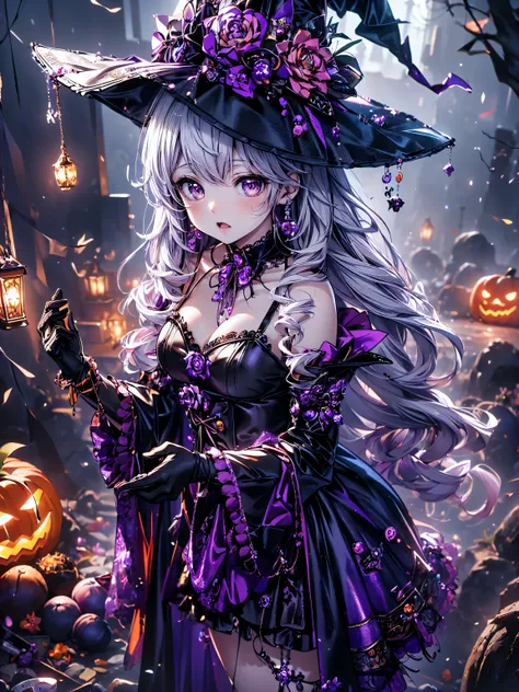 (( super high image quality )), ((super detailed)), ((best quality)), young woman, halloween, witch, witch's hat, lanthanum,  tr...