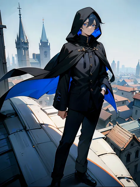 1male , Adult Male , Blackish Blue Hair , Blue Eyes , Fitted Black Cloak , Blue Hood , Hood on Head , Street Clothing , Black pants , Standing on rooftop , Calm Expression , Lean Build , Perfect Generation